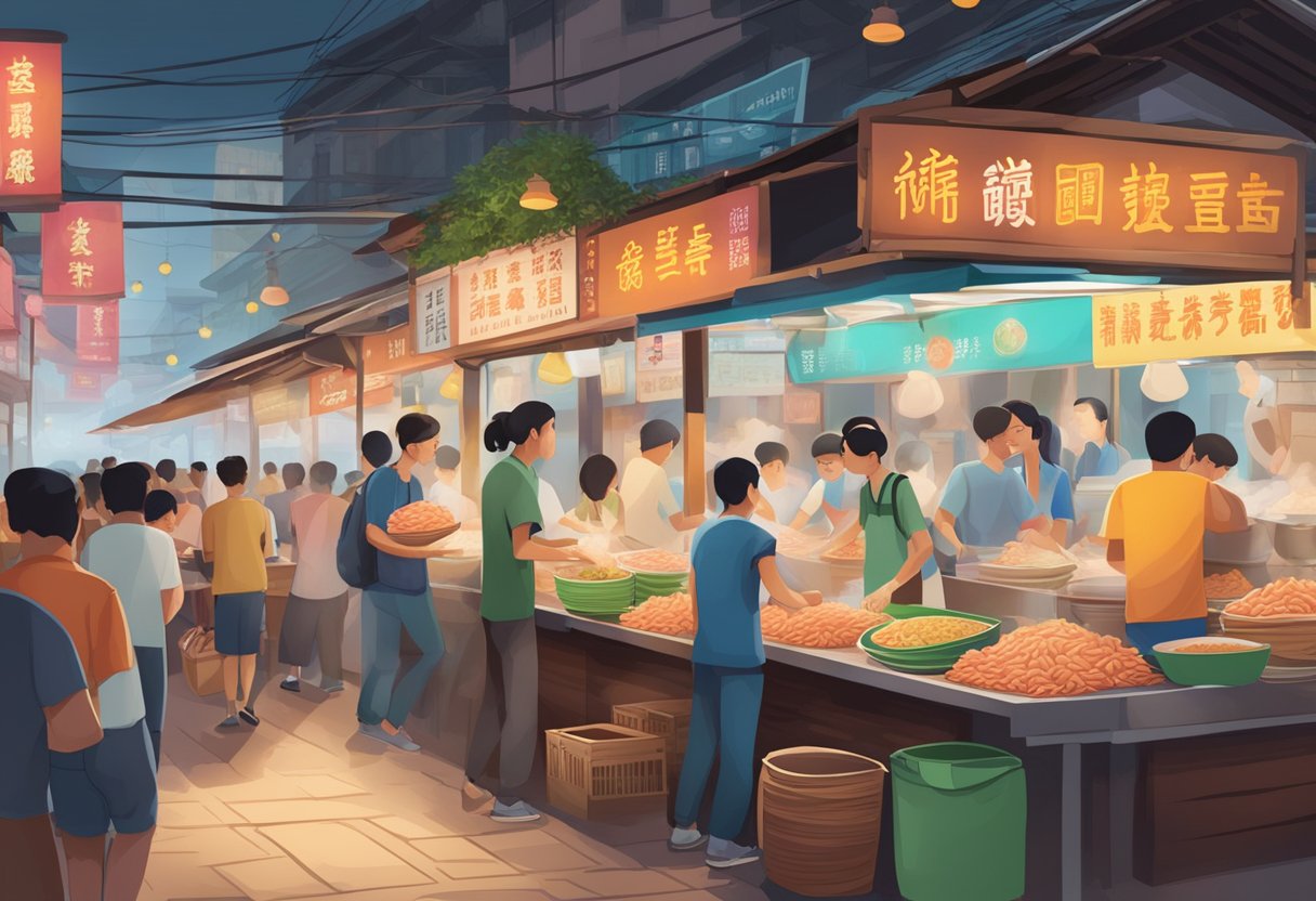 A bustling hawker stall with steaming bowls of prawn mee, surrounded by colorful signage and eager customers