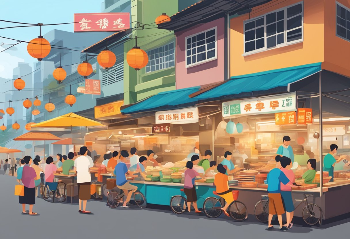 A bustling hawker stall with steaming bowls of jalan sultan prawn mee, surrounded by eager customers and colorful signage