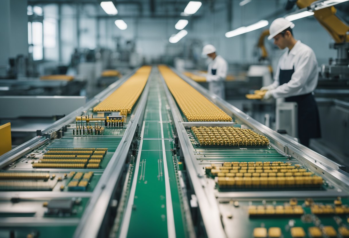 A conveyor belt moves circuit boards through a clean, brightly lit factory. Robotic arms carefully place components onto the boards, while workers monitor the process