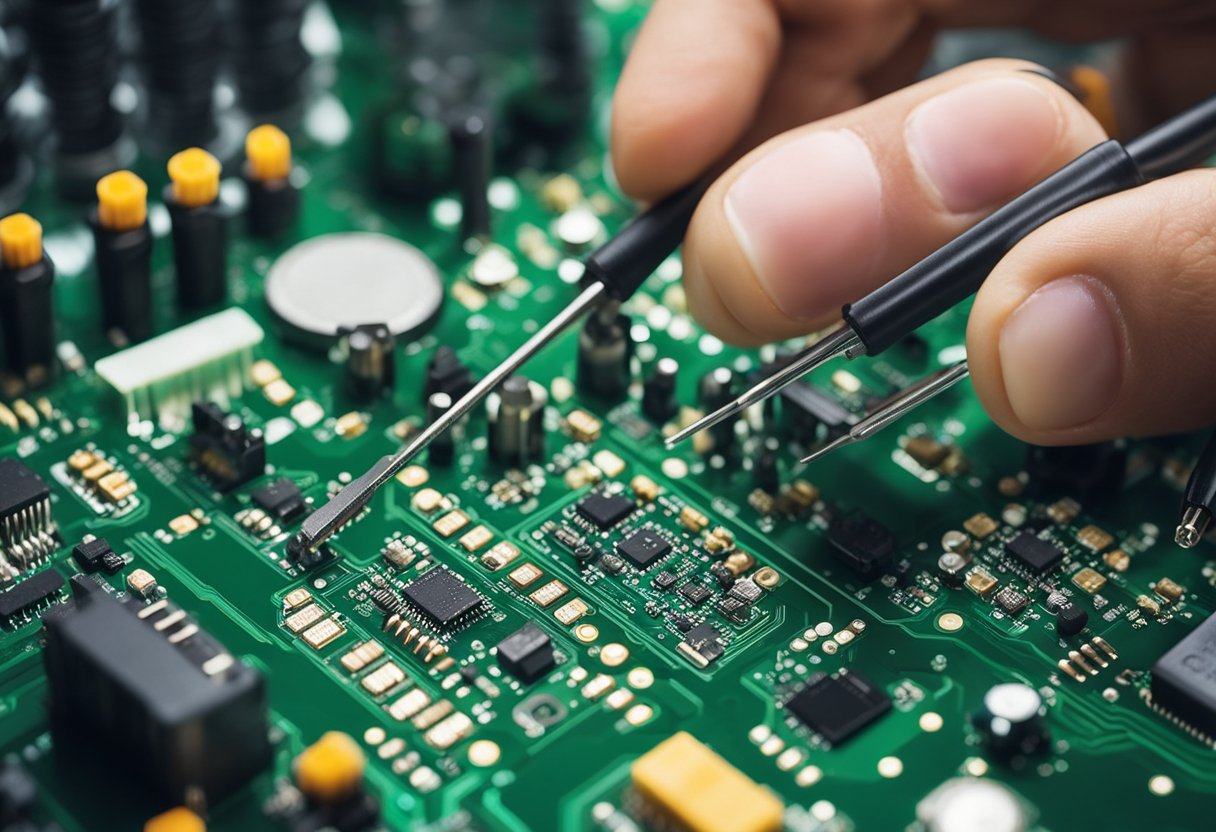 PCB components arranged on a circuit board, soldering iron in hand, with a backdrop of assembly equipment and tools