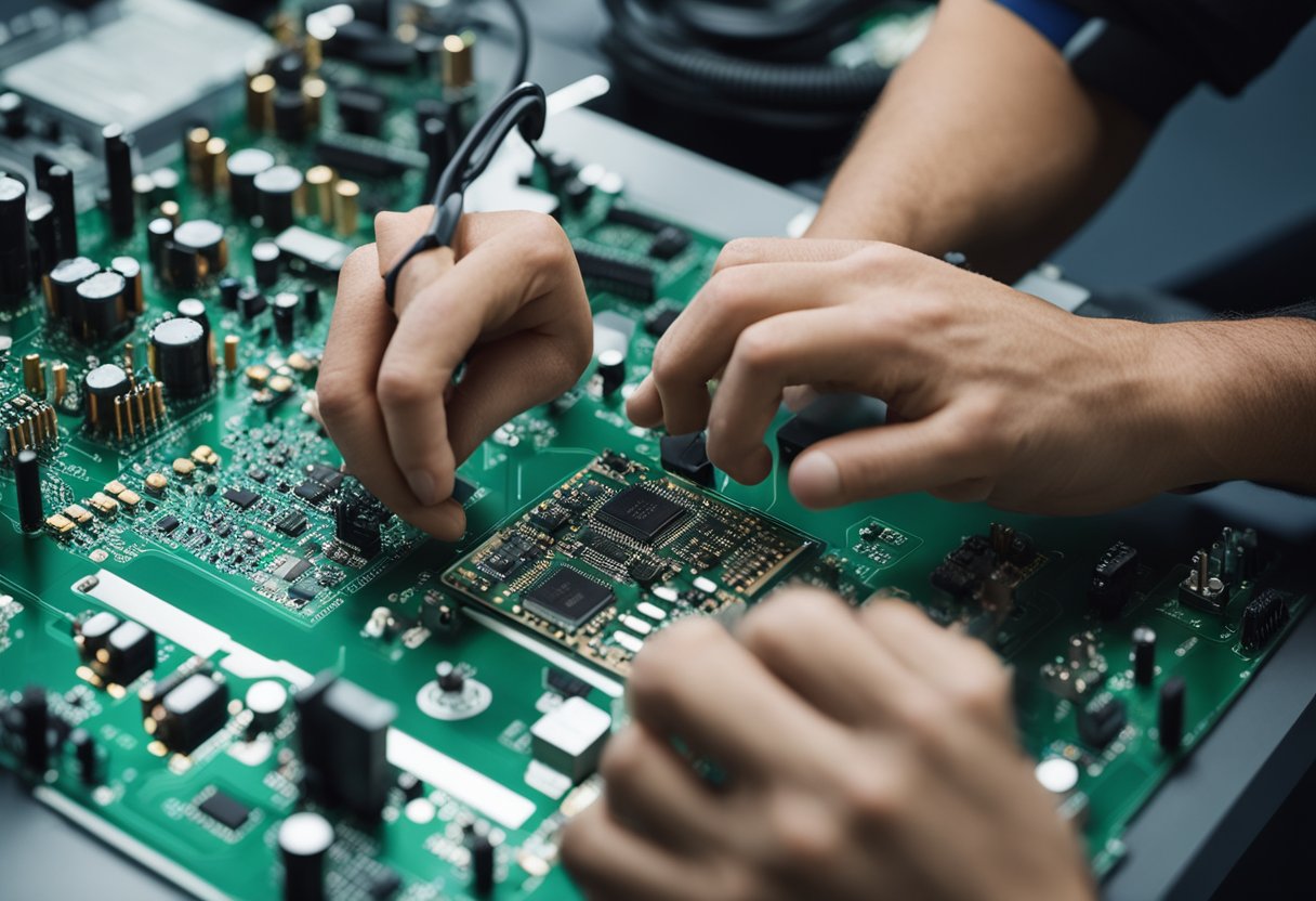 A technician reviews a PCB layout, selects components, and prepares a quote for turnkey assembly