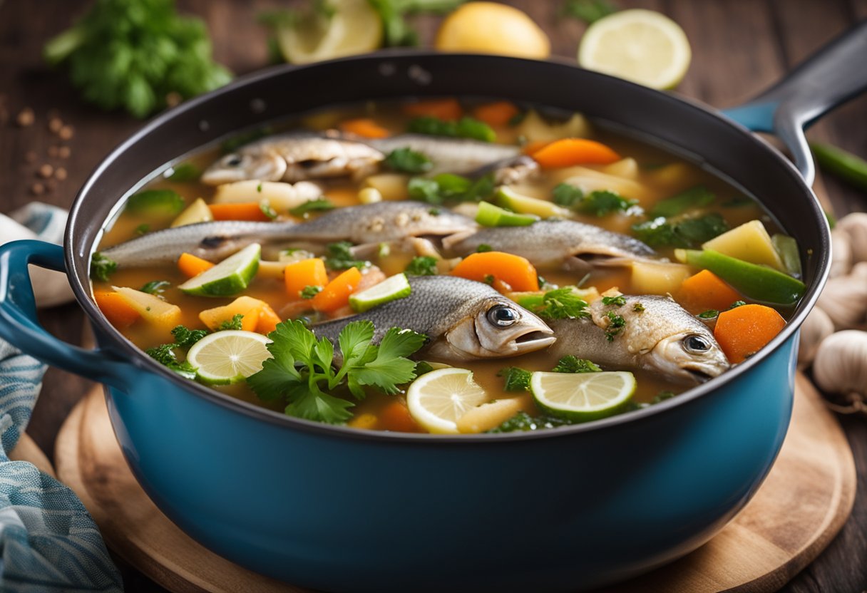 A large pot simmering with fish heads, vegetables, and spices, creating a fragrant and flavorful Jamaican fish head soup