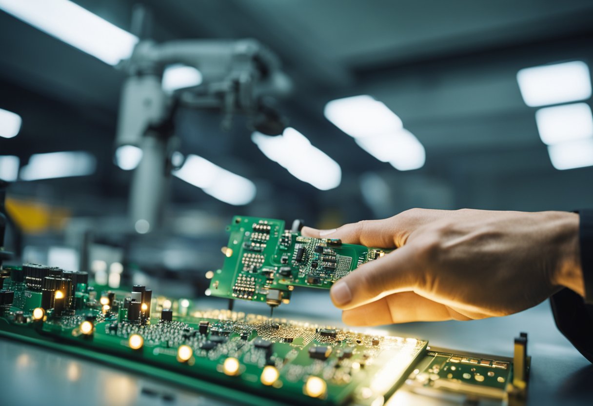 A technician assembles PCB components on a workbench in a brightly lit, clean manufacturing facility in the USA
