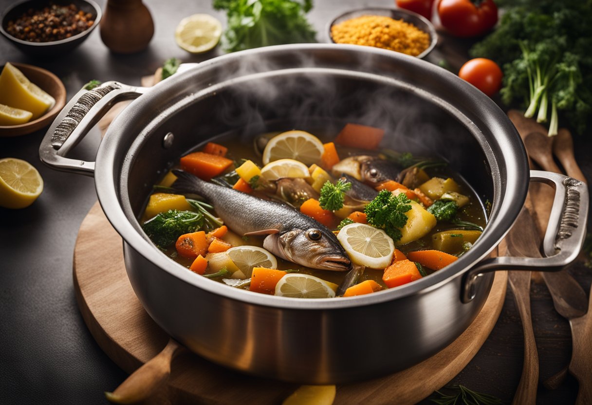 A large pot simmering with fish heads, vegetables, and spices, emitting a rich aroma of Jamaican flavors