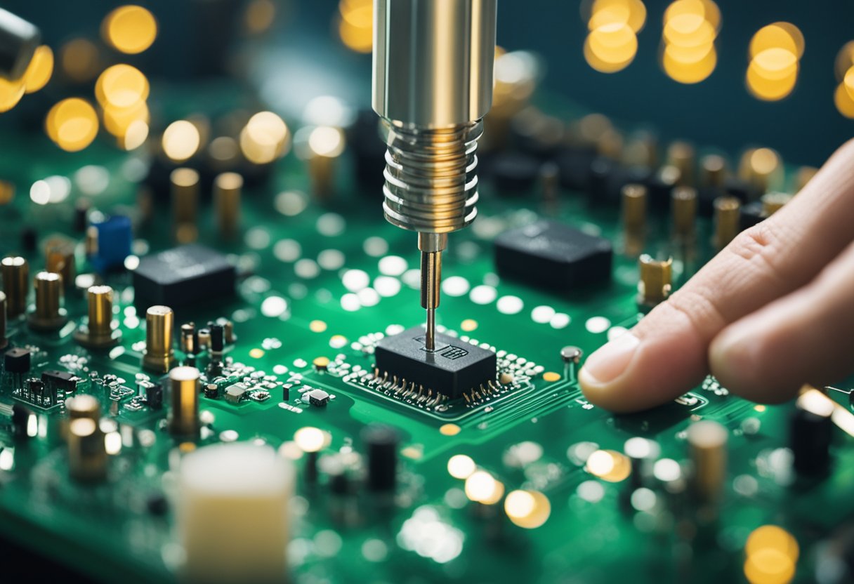 Electronic components being soldered onto a green PCB board in a well-lit assembly facility in the USA