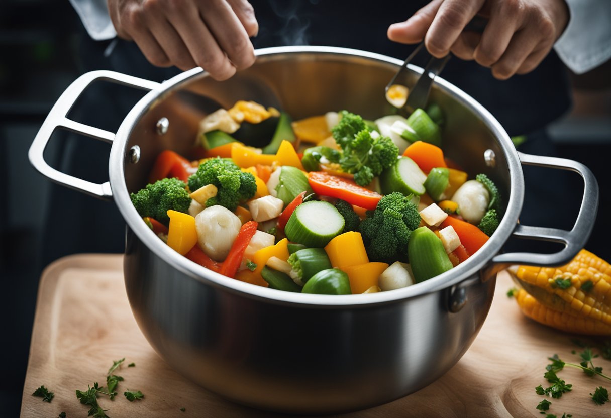 Chopping vegetables, seasoning fish heads, and simmering in a large pot. Adding coconut milk and scotch bonnet peppers for a rich, spicy aroma