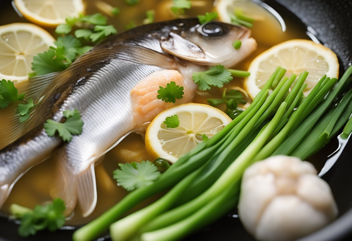 Fresh fish, ginger, and green onions simmer in a fragrant broth. A hint of soy sauce adds depth to the clear, savory liquid