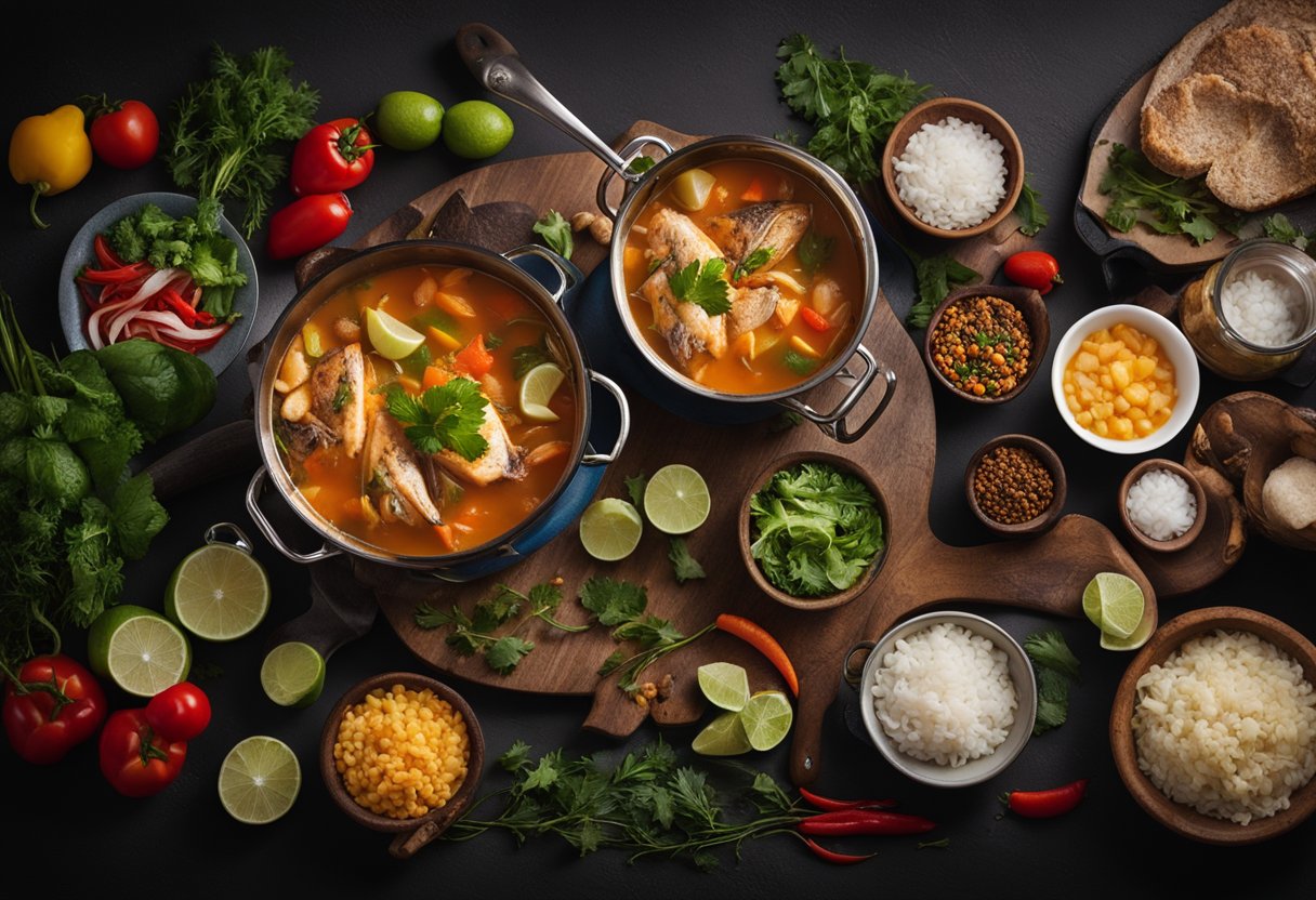 A large pot simmering with Jamaican fish head soup, surrounded by colorful ingredients and a steaming ladle