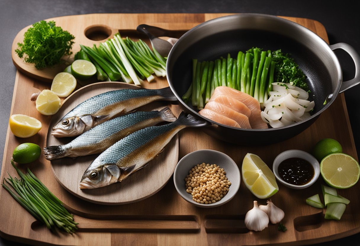 Fresh fish, ginger, scallions, and soy sauce on a cutting board. A pot of water boiling on the stove