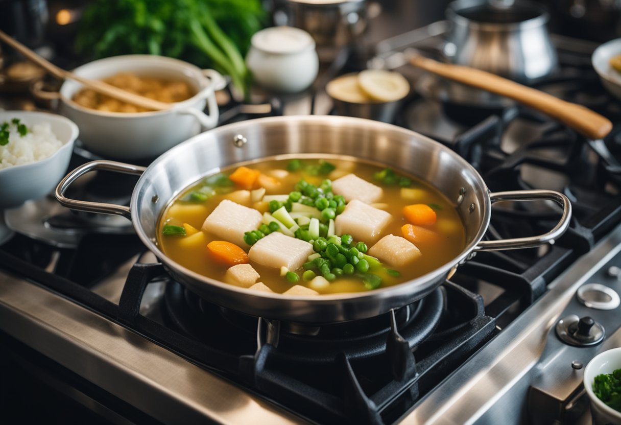 A pot simmers on a stove, filled with clear broth, fish chunks, and vegetables. A chef adds soy sauce, ginger, and green onions, then lets it cook until the flavors meld