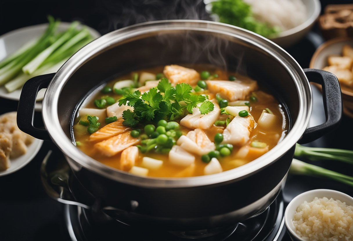 A pot of Chinese fish soup simmers on a stovetop, filled with various ingredients like fish, ginger, and green onions. Steam rises from the pot as the fragrant aroma fills the kitchen