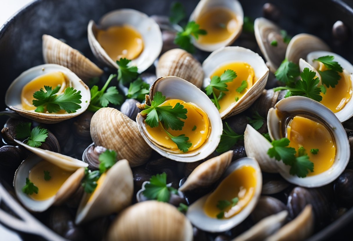 Clams sizzle in a pot with garlic, white wine, and parsley. Steam rises as the shells open, releasing their briny aroma