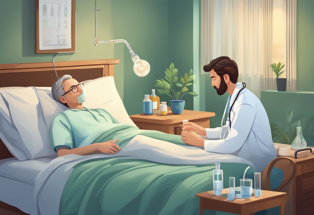 A doctor administers antibiotics to a patient with Lyme disease. The patient is resting in bed with a glass of water on the bedside table