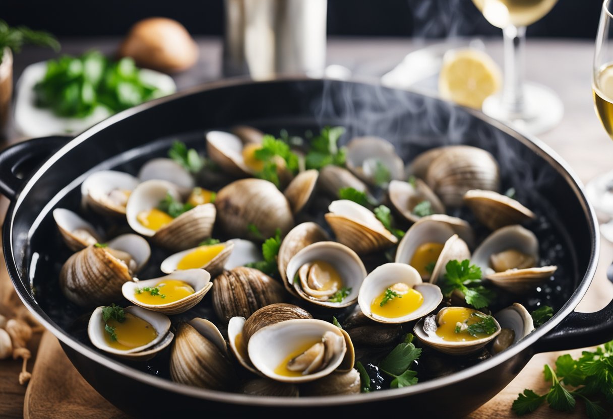 Clams being rinsed in cold water, then steamed in a pot with white wine, garlic, and herbs until they open