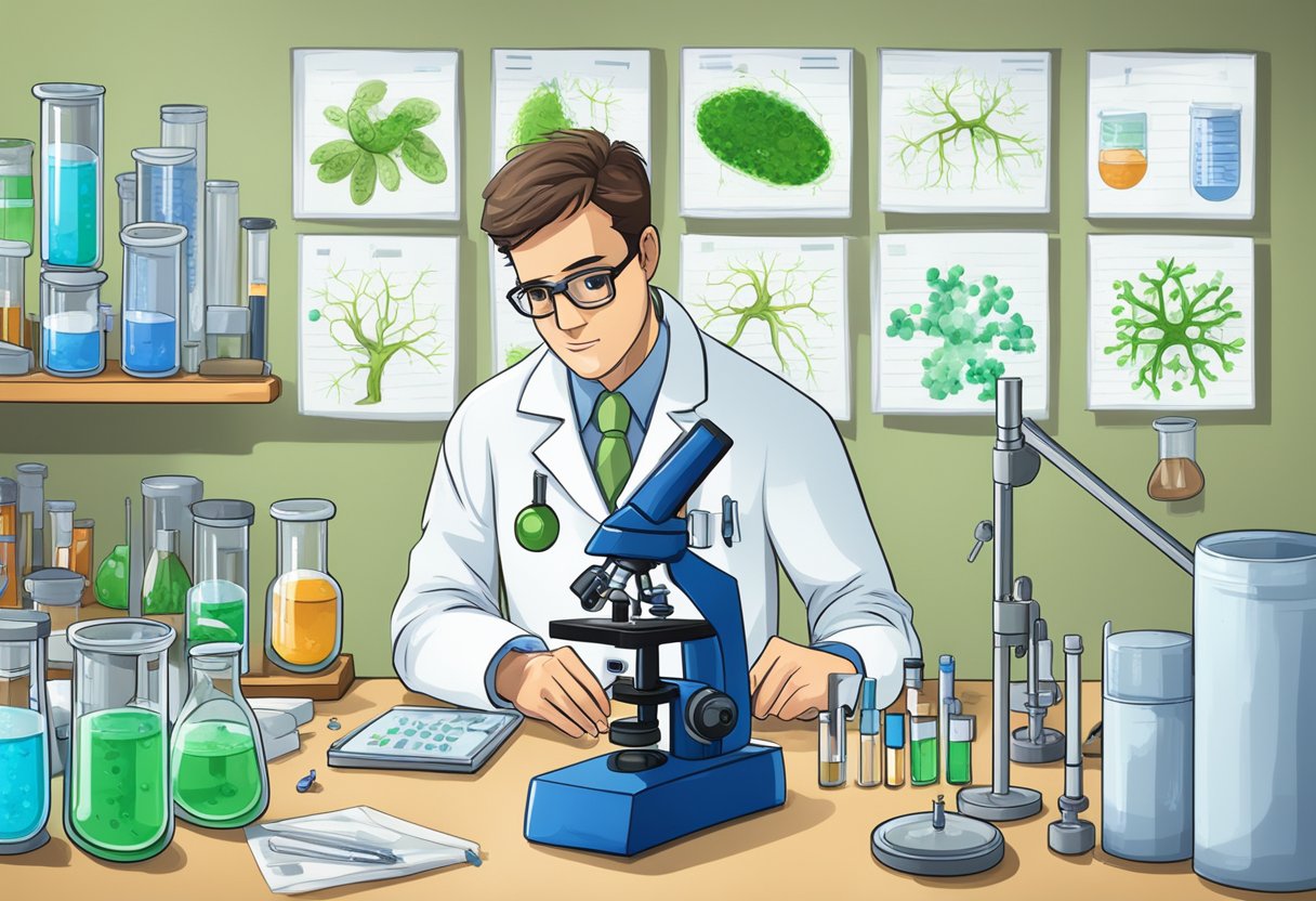 A scientist in a lab coat examines a petri dish with a microscope, surrounded by test tubes and scientific equipment. The word "Lyme disease (borreliosis)" is written on a whiteboard in the background