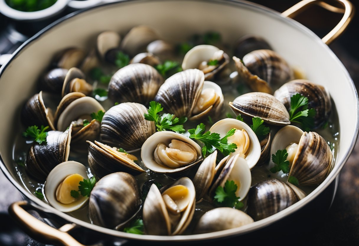 Clams being steamed in a large pot with garlic, white wine, and parsley, releasing their briny aroma as they open