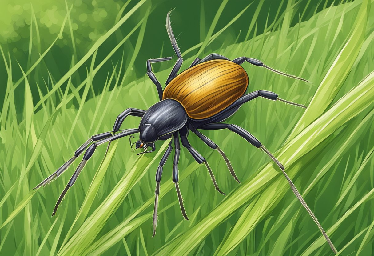 A tick climbing on a blade of grass near a wooded area