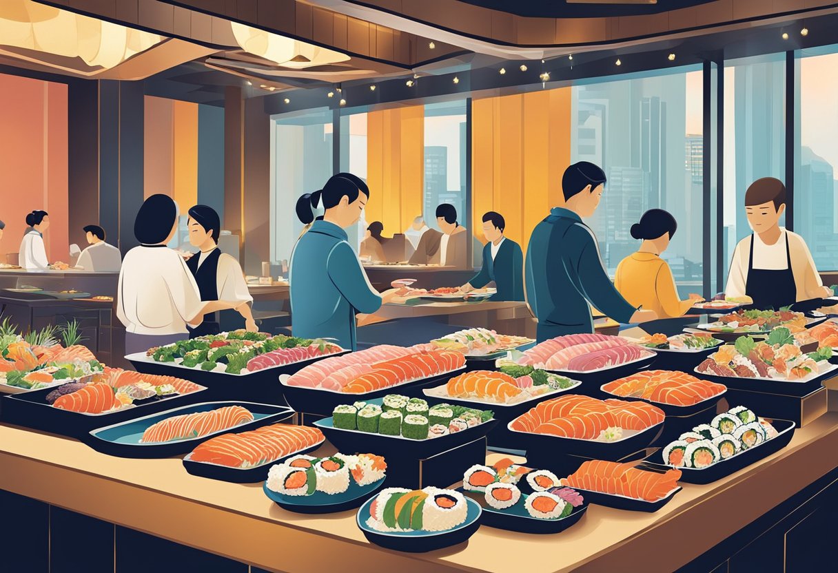 Customers indulging in a variety of fresh sushi, sashimi, and tempura at a vibrant Japanese seafood buffet in Singapore. The colorful array of dishes is displayed on sleek, modern serving platters, creating an inviting and appetizing atmosphere