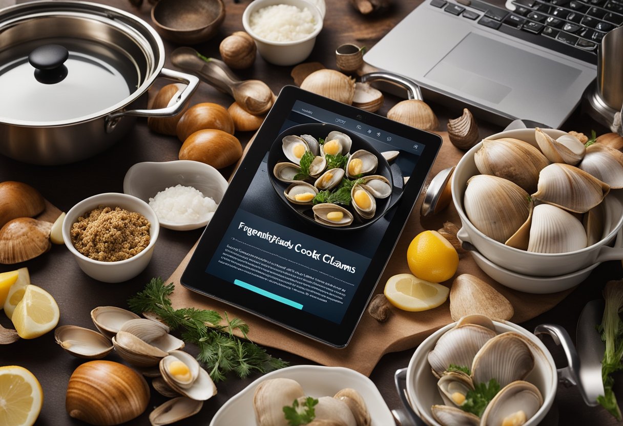 A pot of steaming clams, surrounded by various cooking utensils and ingredients, with a computer screen displaying a "Frequently Asked Questions" page on how to cook clams