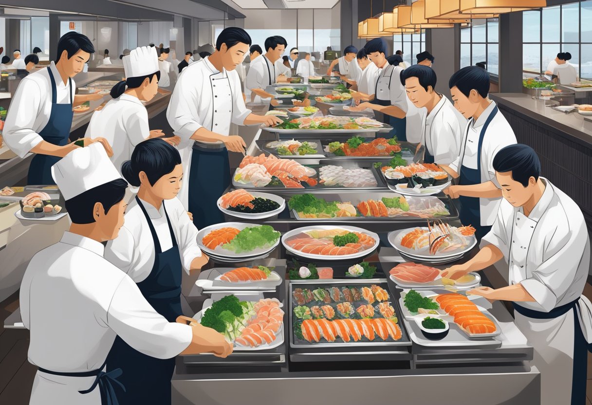 A bustling Japanese seafood buffet in Singapore, with chefs preparing fresh sushi and sashimi, diners enjoying a wide array of dishes, and staff attending to customers' questions