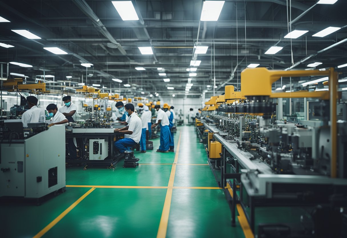 A bustling factory floor with advanced machinery and workers assembling PCBs in Chennai's competitive market