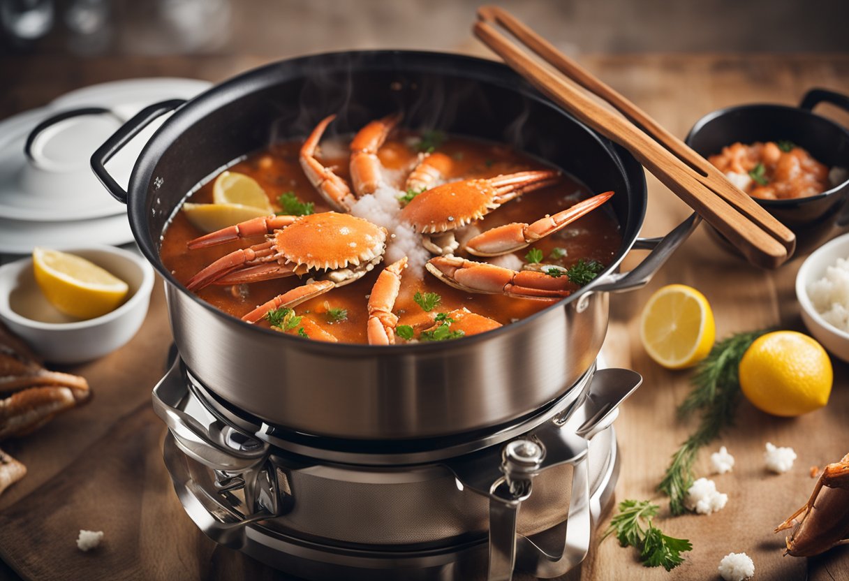 A pot of boiling water with crab legs inside, a sprinkle of seasoning, and a pair of tongs nearby