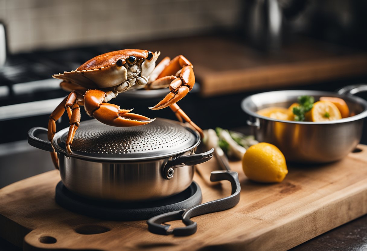 A crab sits on a cutting board next to a pot of boiling water. A chef's knife and a pair of kitchen shears lay nearby