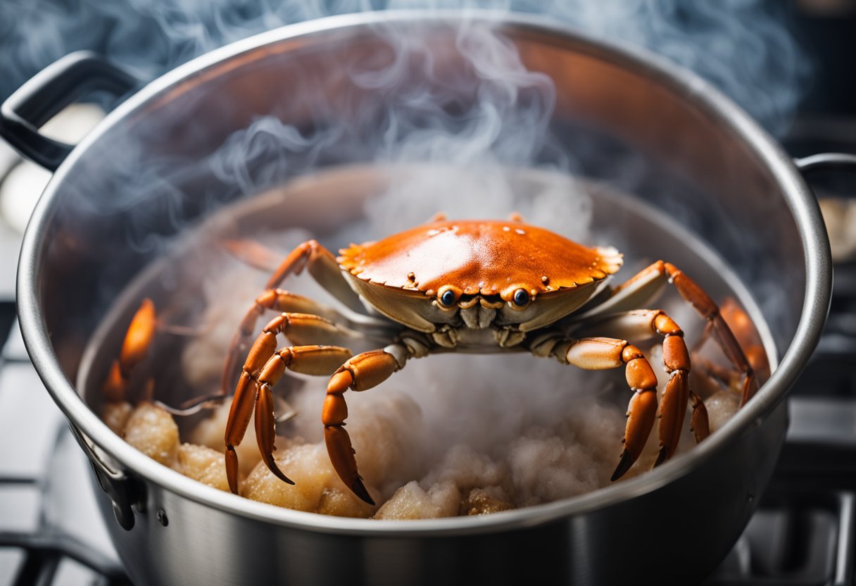Crab being steamed in a large pot with a lid on top. Steam rising from the pot as the crab turns bright red
