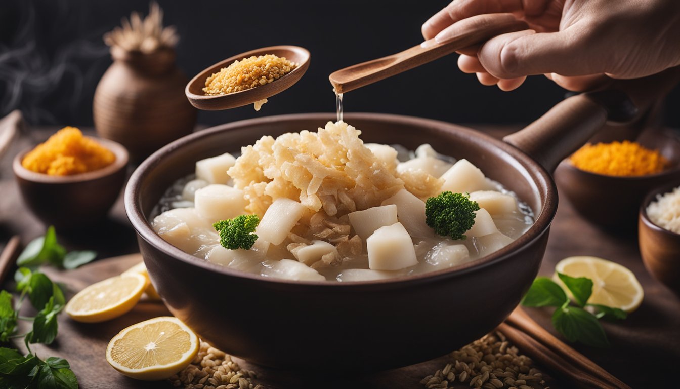 A pot of boiling water with dried fish maw being added, alongside ginger, garlic, and other seasonings