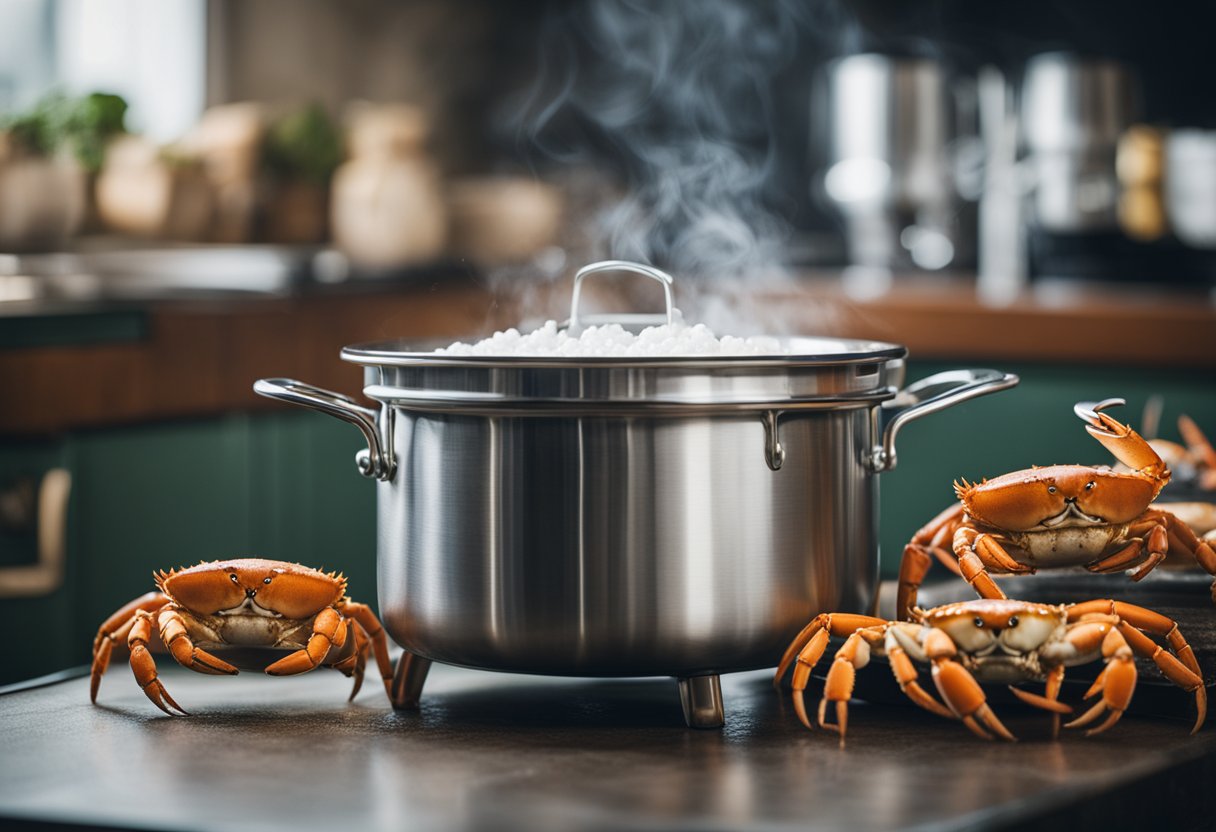 A pot of boiling water with a cluster of crabs being lowered in