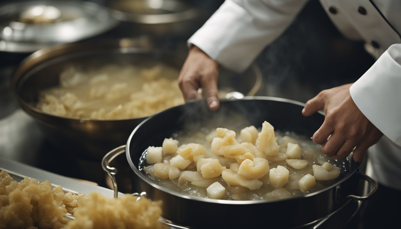 A chef soaking dried fish maw in water, then simmering it in a pot with aromatic ingredients to prepare a flavorful dish