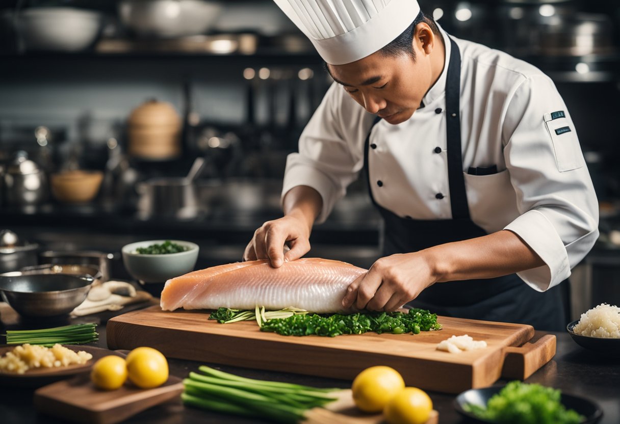 A chef slicing fresh yellowtail fish, surrounded by ingredients like soy sauce, ginger, and green onions, ready to prepare a traditional Japanese dish