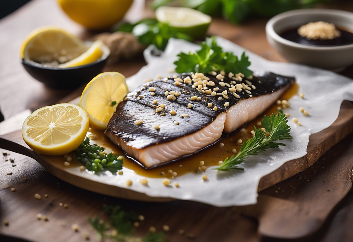 A chef slices fresh yellowtail fish, marinates it in soy sauce, and prepares it for grilling with a sprinkle of sesame seeds and a squeeze of lemon