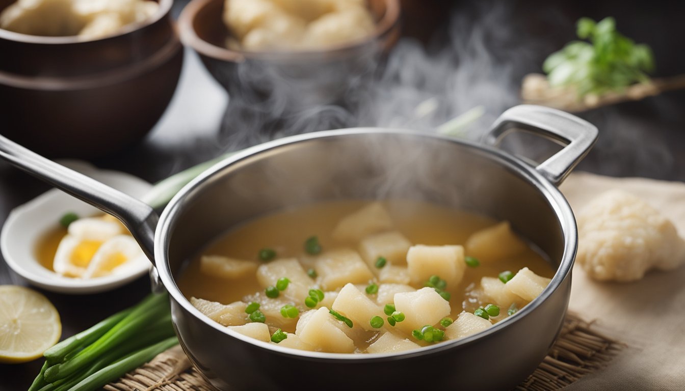 A pot of simmering water with dried fish maw soaking. Ingredients like ginger, scallions, and soy sauce nearby. A recipe book open to a page on cooking techniques for fish maw