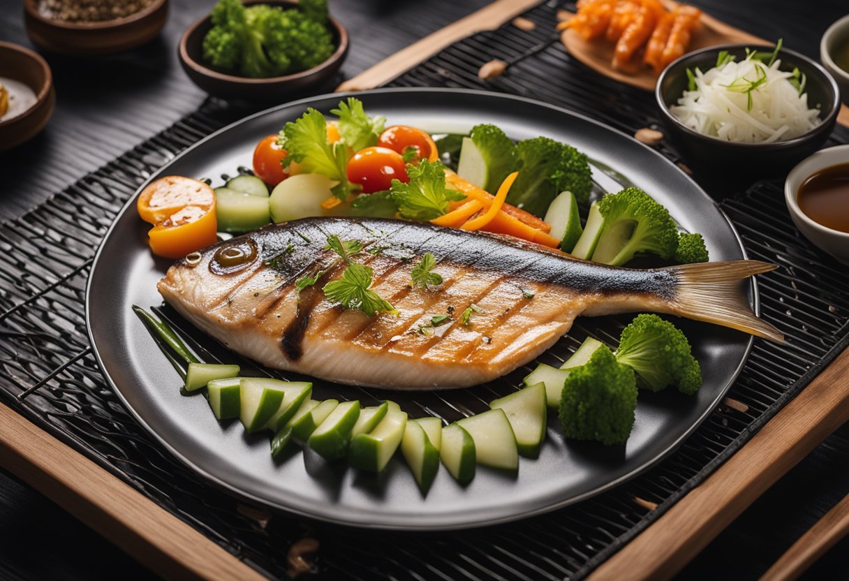 Japanese yellowtail fish being grilled on a hot skillet, then elegantly plated with a side of pickled vegetables and a drizzle of savory sauce