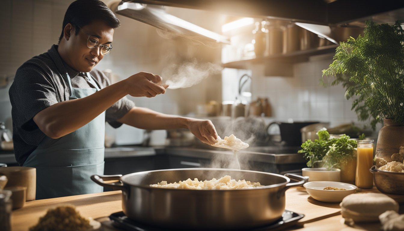 A pot of boiling water with dried fish maw being added, while a person reads a recipe book on a kitchen counter