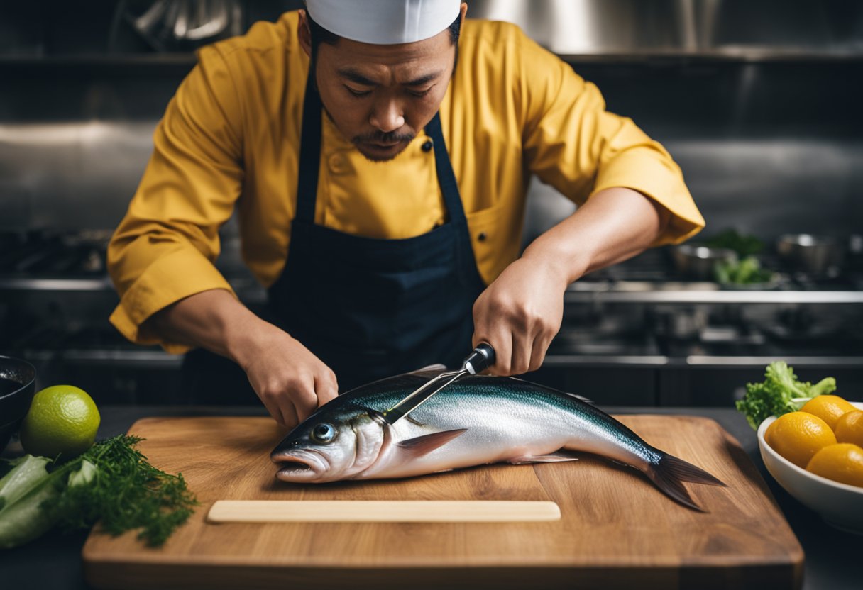 A chef slicing fresh yellowtail fish for a Japanese recipe