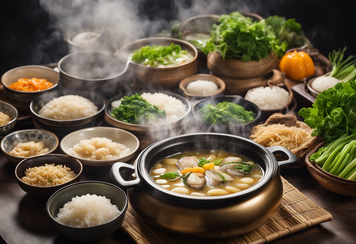 A steaming pot of jeju abalone porridge simmers on a stove, surrounded by fresh ingredients like abalone, rice, and vegetables