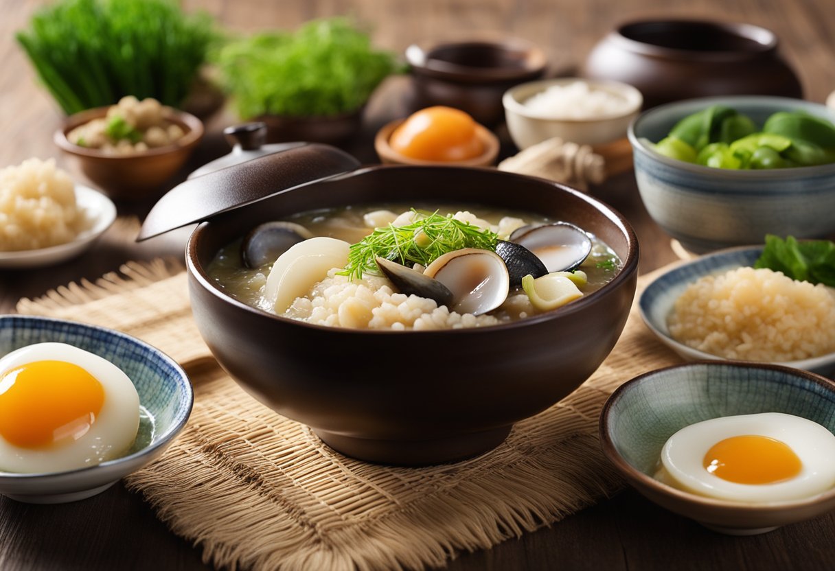A steaming bowl of Jeju abalone porridge sits on a wooden table, surrounded by fresh ingredients like abalone, rice, and vegetables. The warm, comforting dish exudes a savory aroma