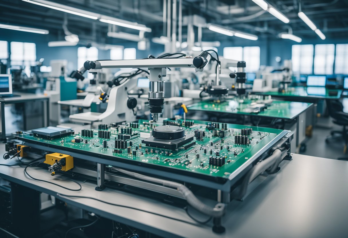 PCB assembly equipment in a clean, well-lit workspace with conveyor belts, robotic arms, and precision soldering machines