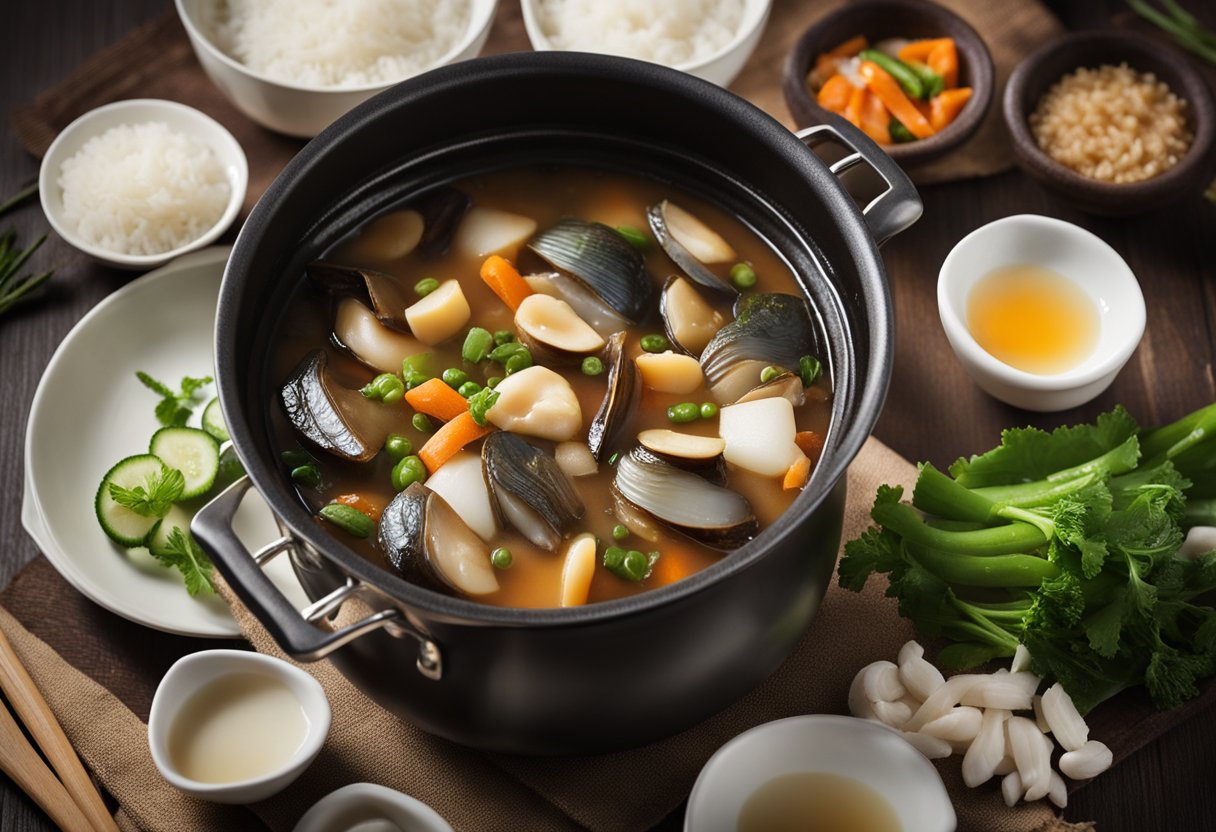 A pot simmers with Jeju abalone, rice, and vegetables, emitting a savory aroma. Ingredients are neatly arranged nearby