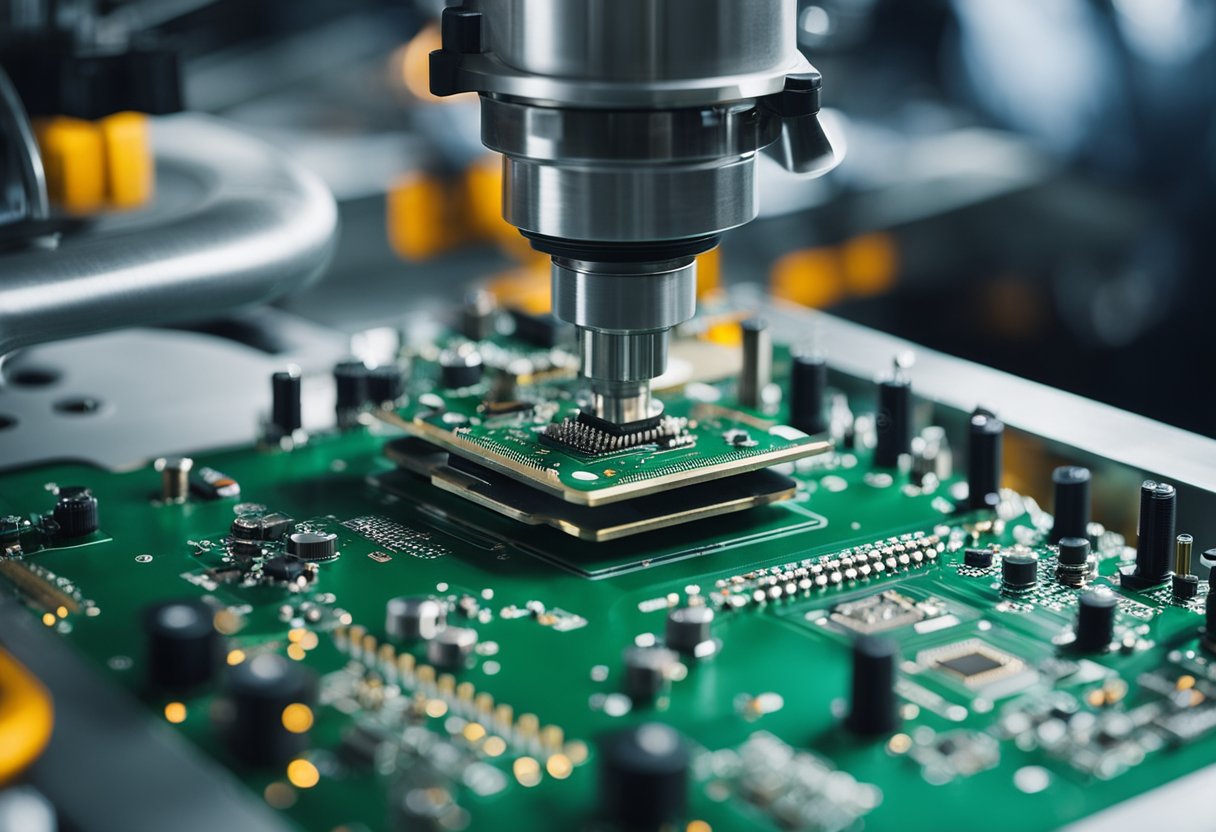 A printed circuit board (PCB) assembly process with components being soldered onto the board using automated machinery