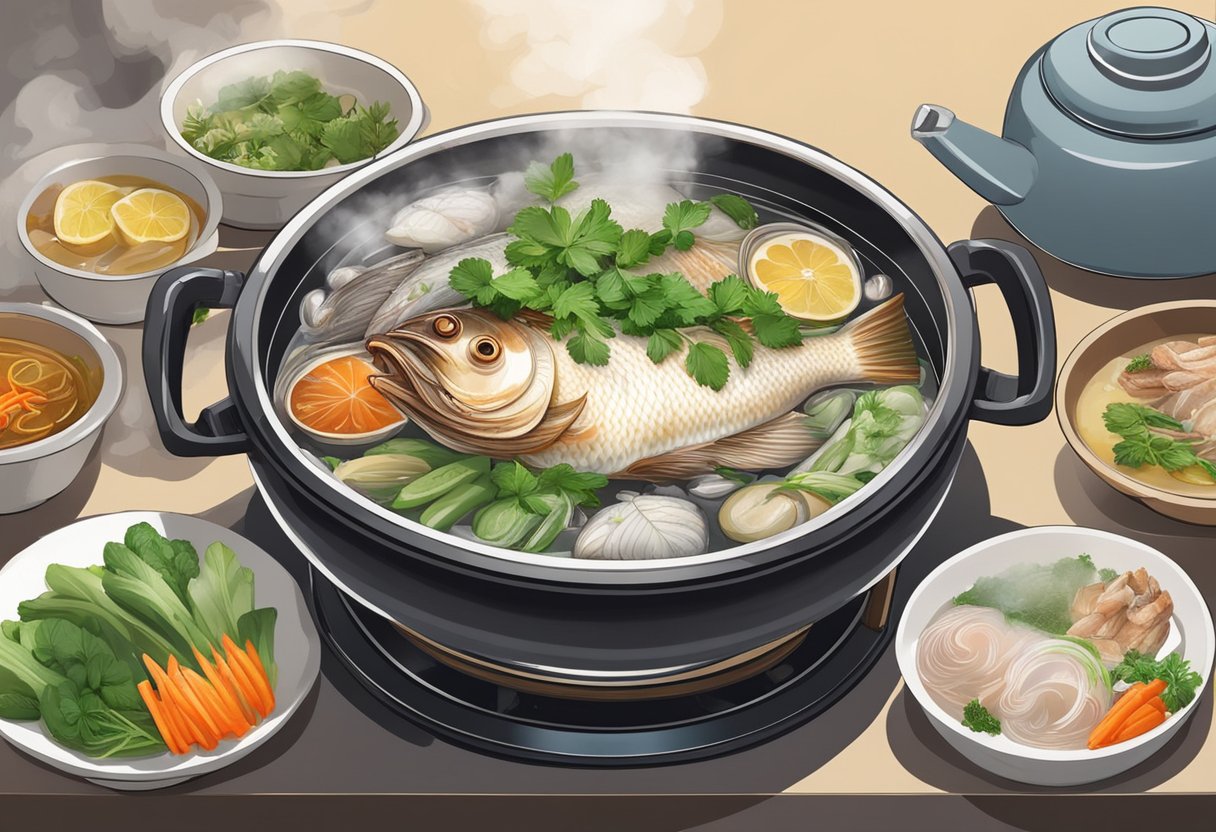 A steaming pot of Jia Wang Fish Head Steamboat sits on a table, surrounded by fresh ingredients and aromatic herbs. Steam rises from the bubbling broth, enticing the viewer with its rich and flavorful aroma