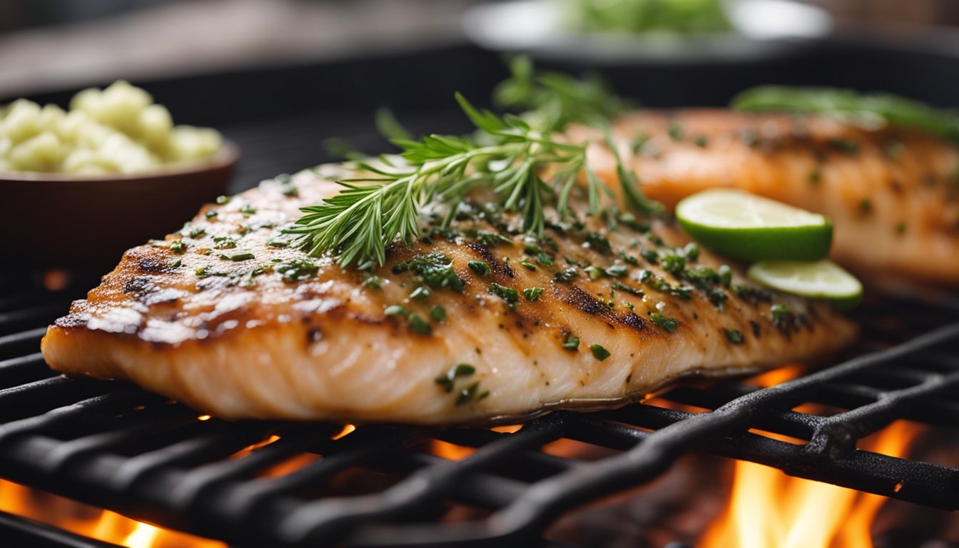 A fish is being seasoned with herbs and placed on a hot grill. The fish sizzles as it cooks, releasing a delicious aroma