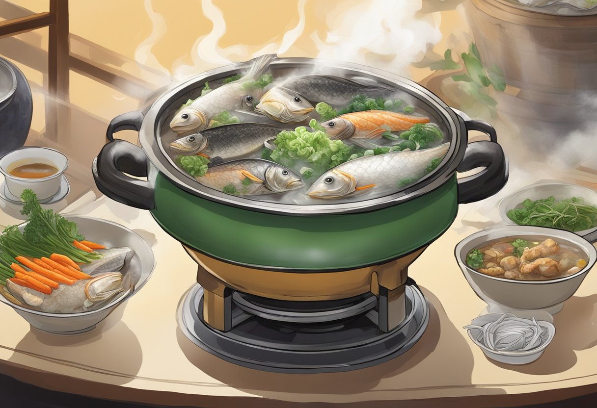 A bubbling pot of fish head steamboat sits on a table at Jia Wang restaurant. Steam rises from the fragrant broth, filled with fish heads, vegetables, and herbs. The cozy atmosphere is filled with the sound of satisfied diners