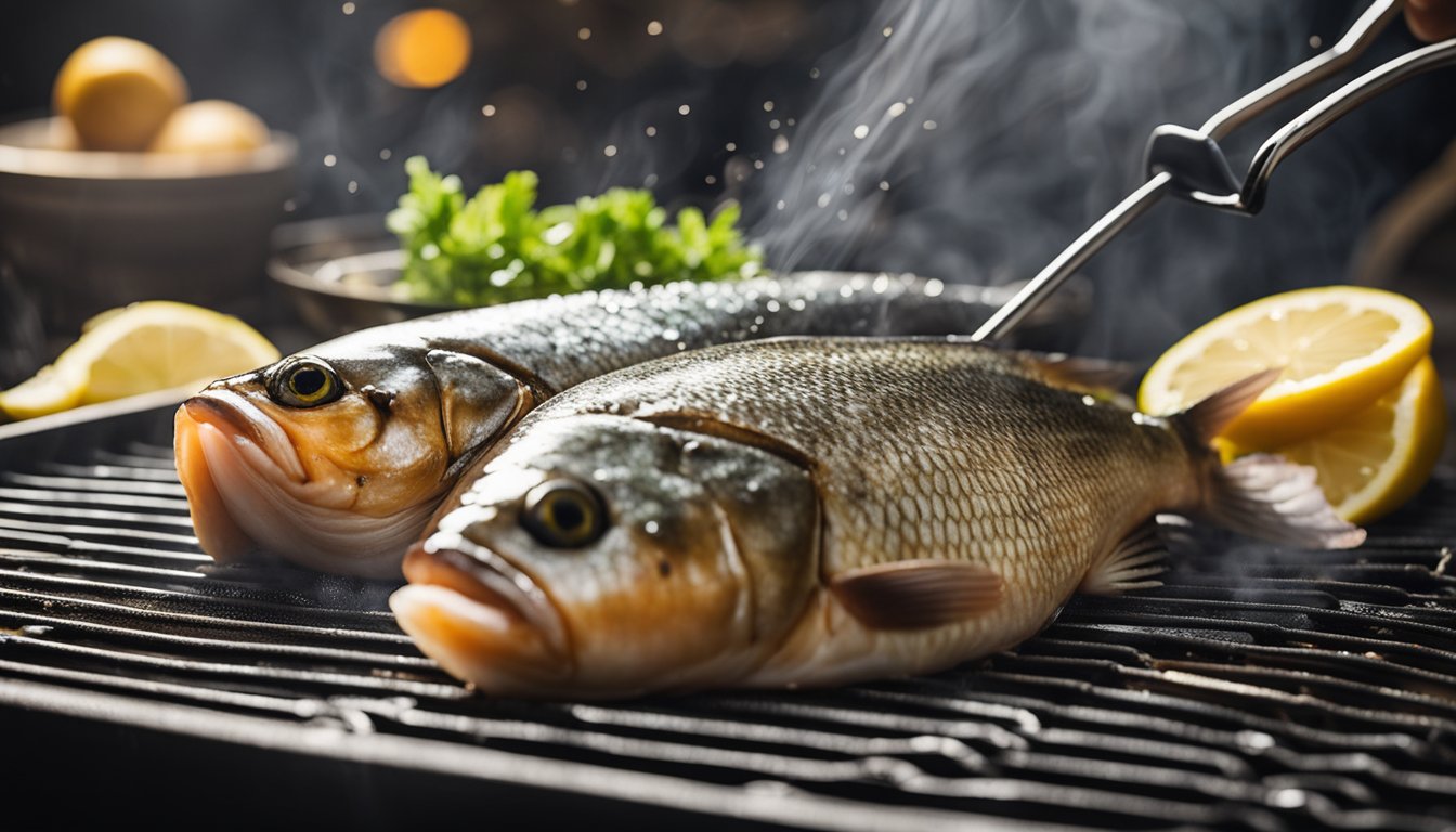 A fish being cleaned, seasoned, and placed on a grill