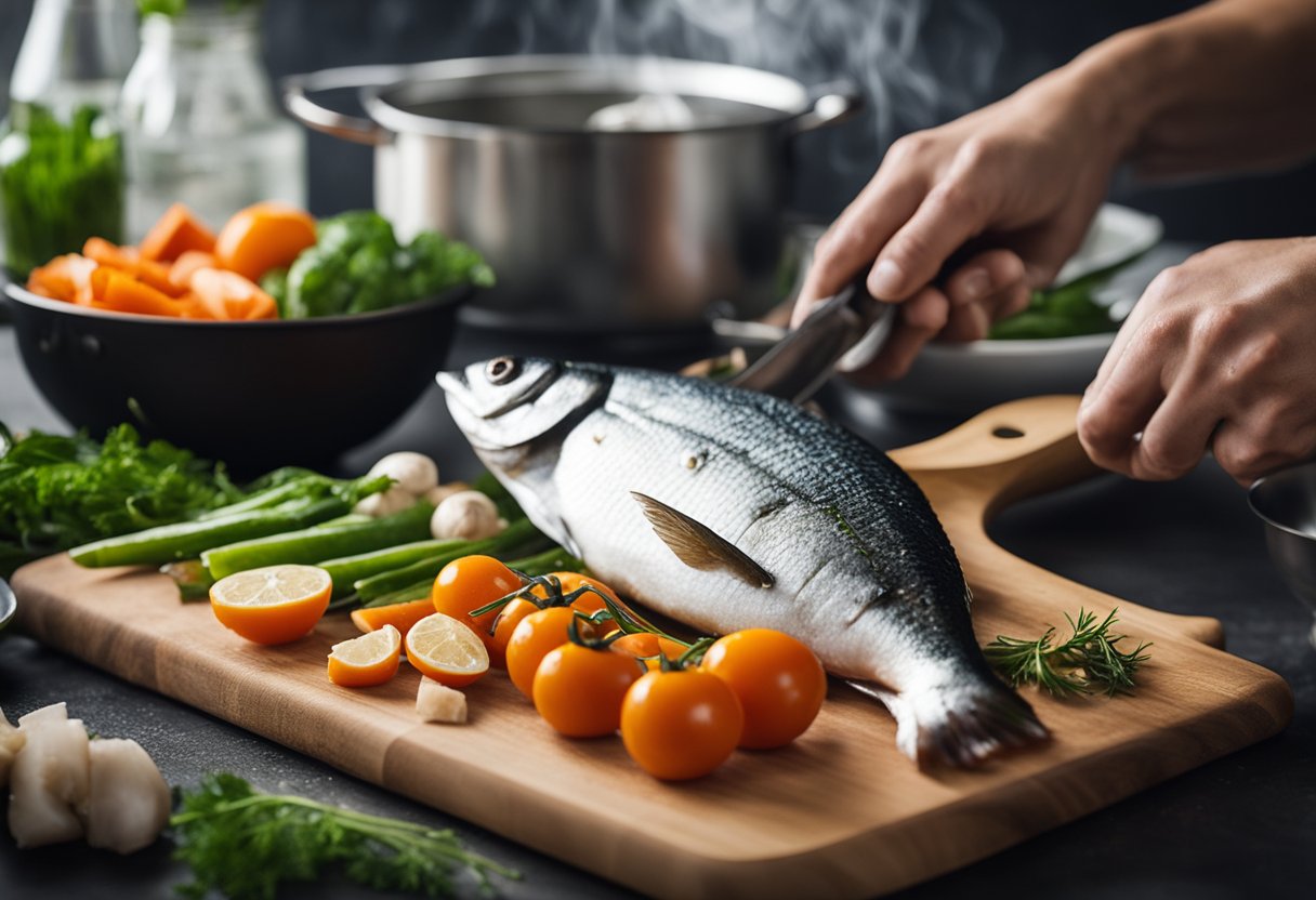 Fresh fish bones and vegetables are being chopped on a wooden cutting board, while a pot of water simmers on the stove