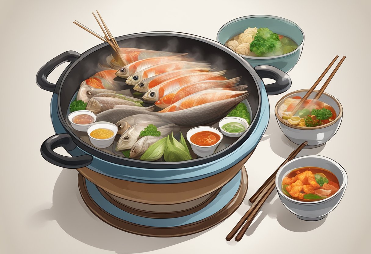 A steaming hot pot of fish head steamboat surrounded by condiments and accompanied by a stack of empty bowls and chopsticks