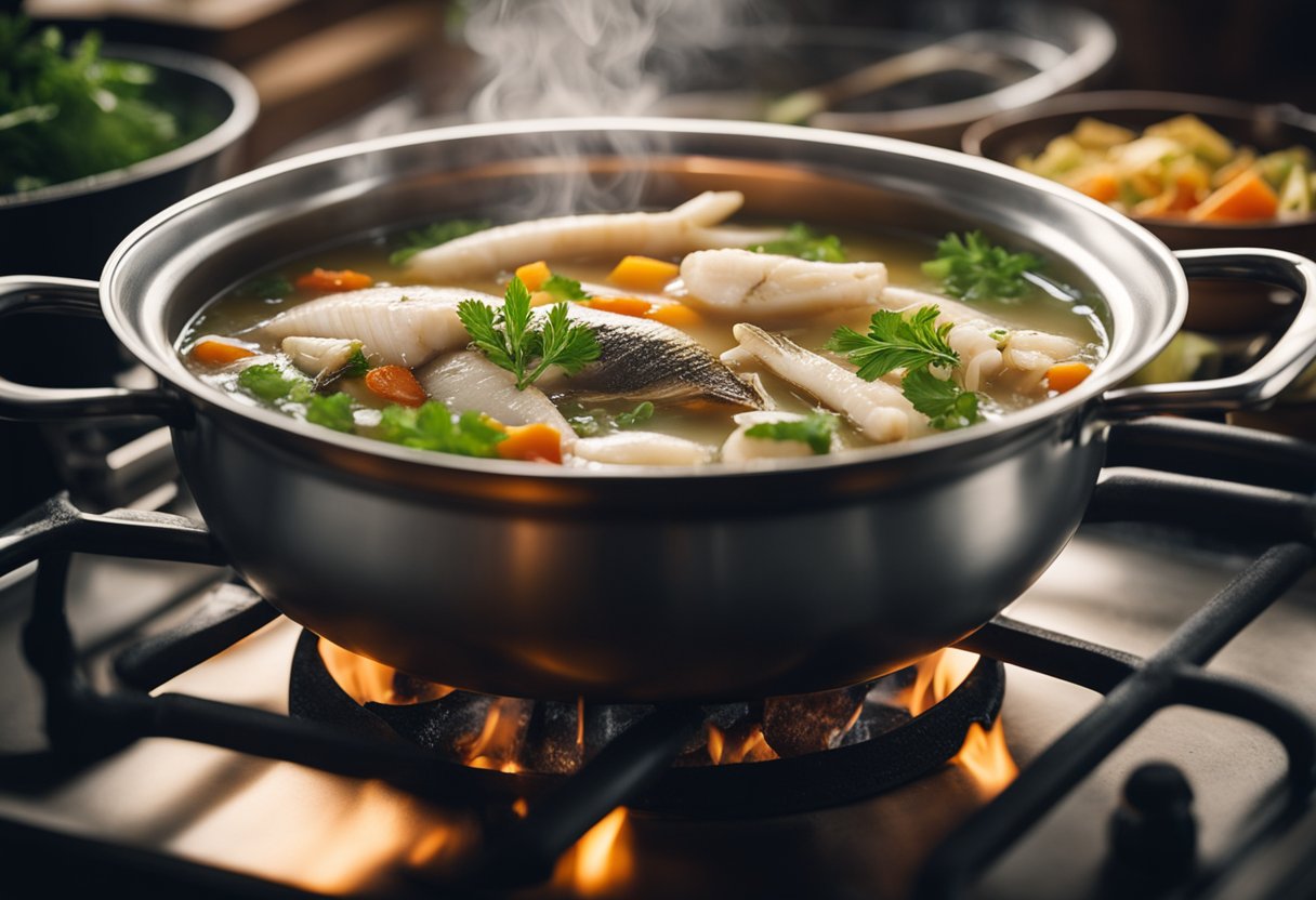 A pot of fish bones simmer in a broth with vegetables, herbs, and spices, steam rising as the soup cooks on the stove
