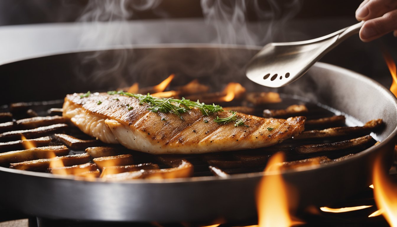 A fish being seasoned and then grilled on a hot pan, with steam rising and a golden brown crust forming on the outside